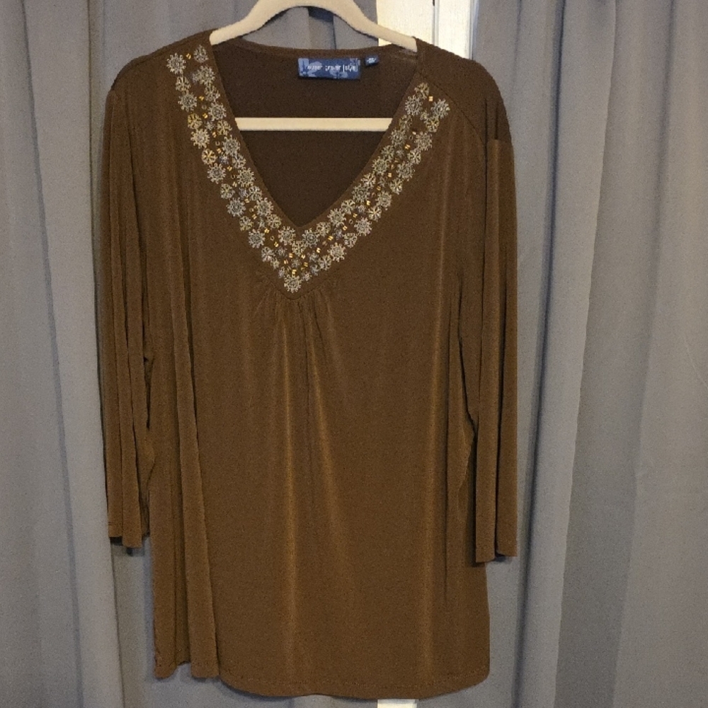Susan Graver Women's Embellished Brown Blouse Shirt V-Neck Sz 2X EUC